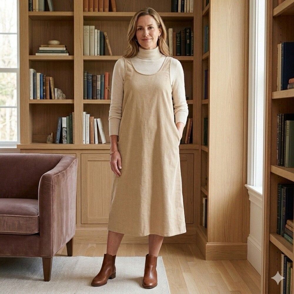 The Vermont Country Store Tan Corduroy Jumper Dress Plus Size 2X Pockets Midi